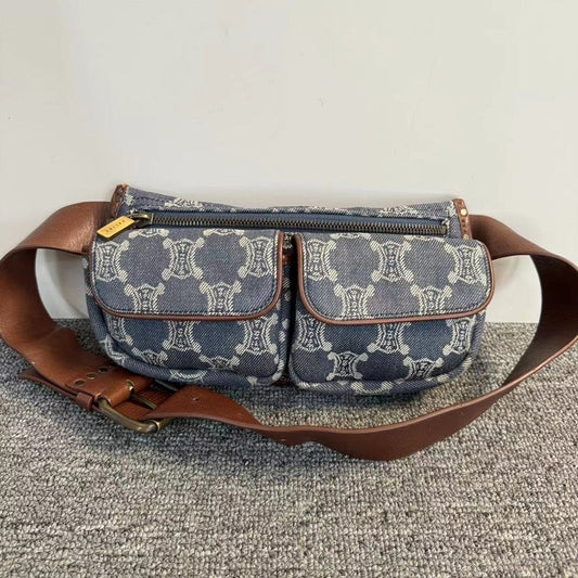 Celine Triomphe Blue Canvas Belted Waist Bag Medium