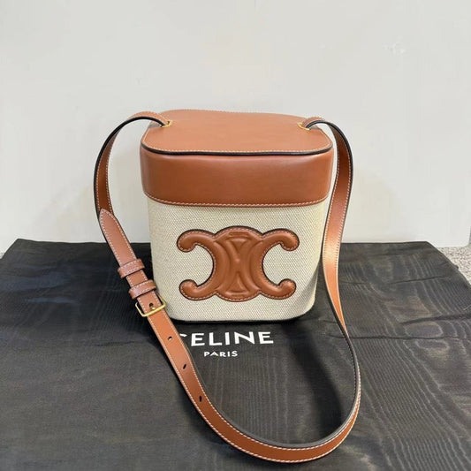 Celine Triomphe Canvas Tan Leather Small Bucket Bag