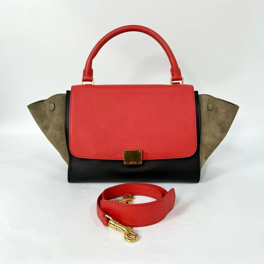 Celine Trapeze Red Black Taupe Leather Medium Handbag 27x22cm