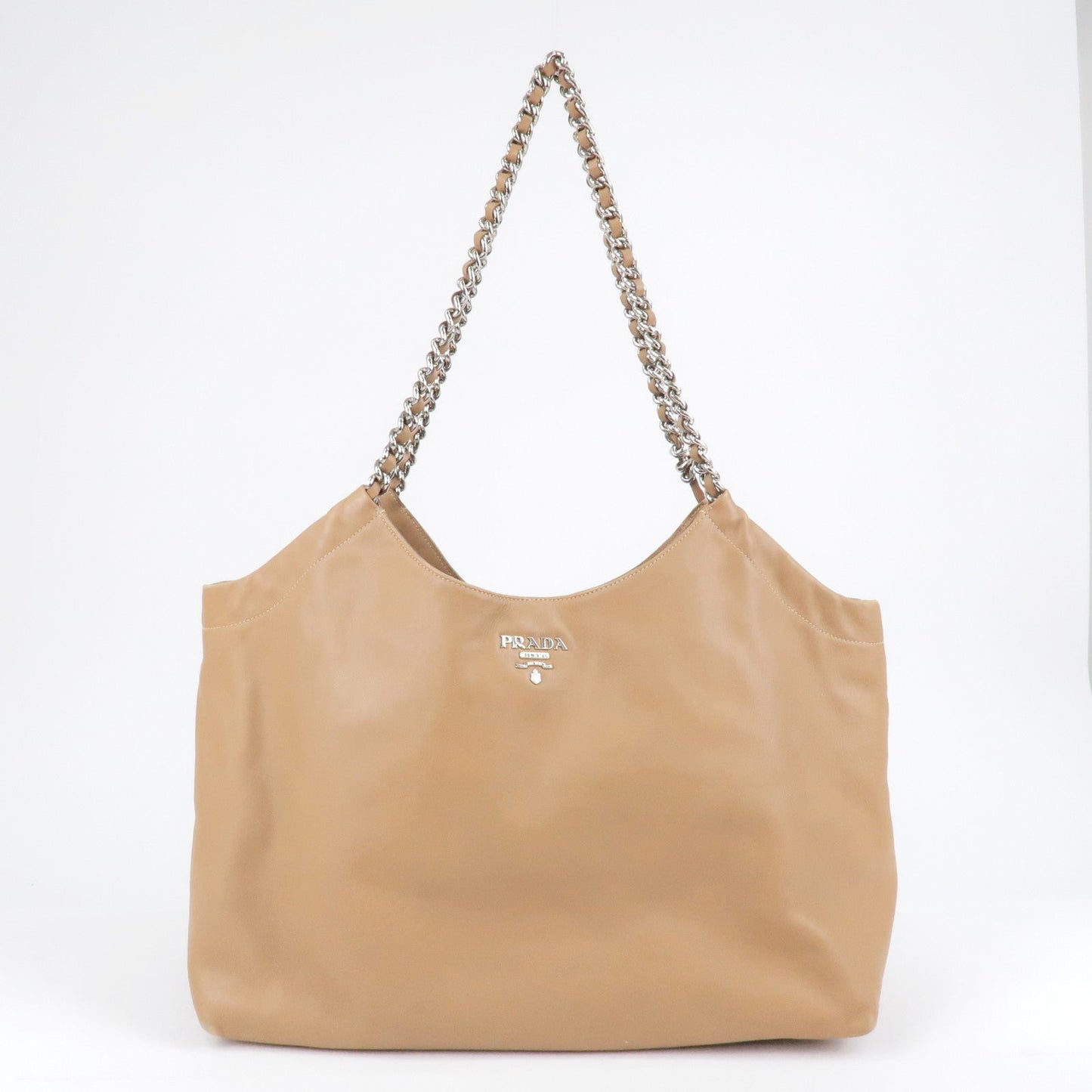 PRADA Logo Leather Chain Tote Bag Beige