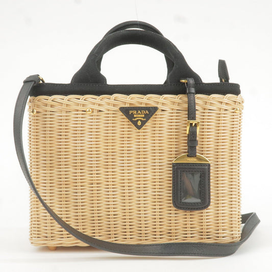 PRADA Wicker Canvas 2Way Basket Bag Hand Bag Black 1BG835