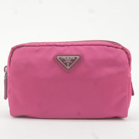 PRADA Logo Nylon Leather Pouch Cosmetic Bag Pink 1N0021