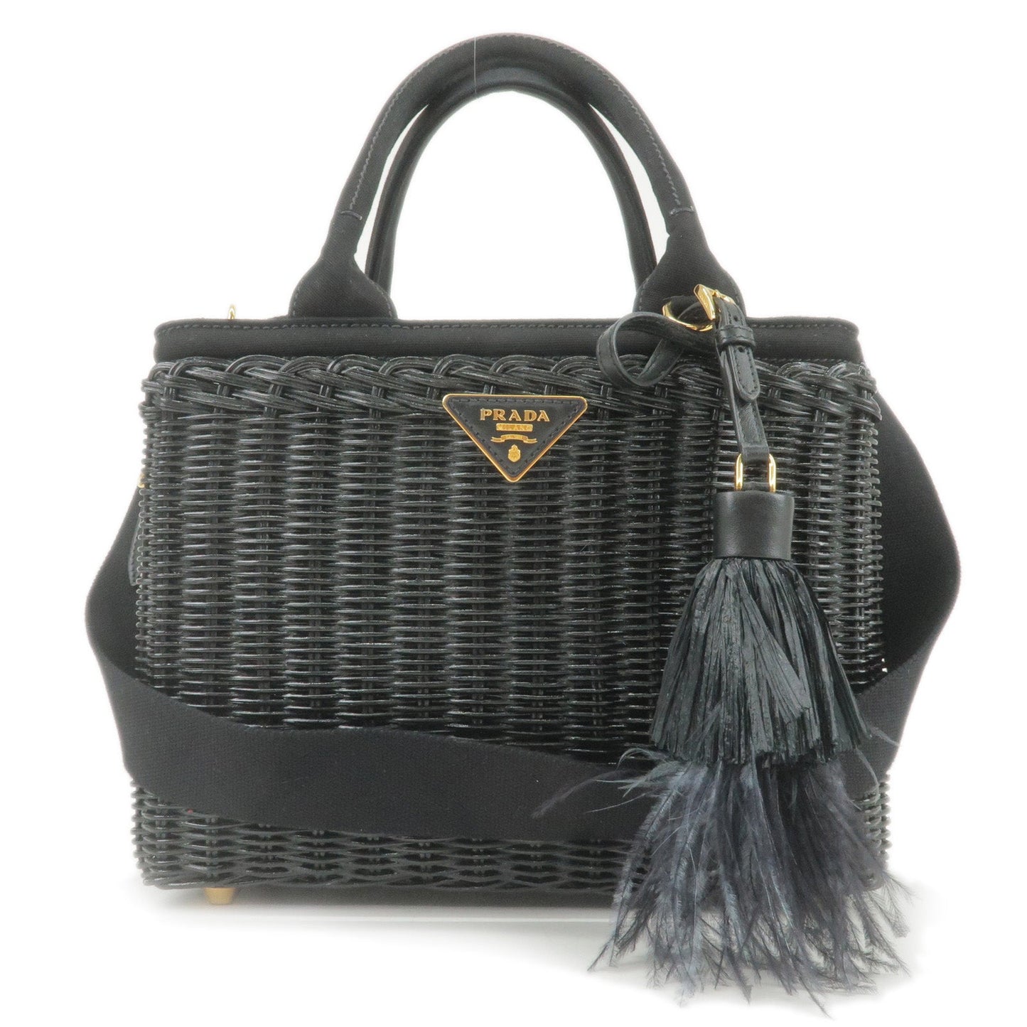 PRADA Wicker Canvas 2Way Basket Bag Hand Bag Black 1BG835