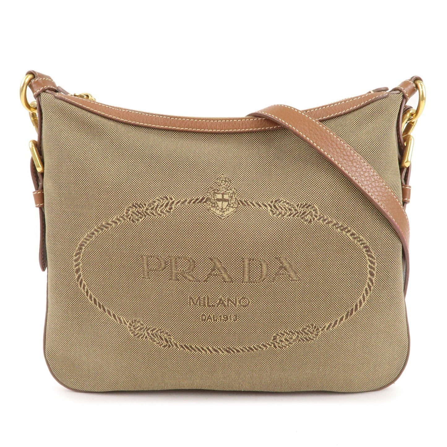 PRADA Logo Jacquard Leather Shoulder Bag Beige Brown BT0706