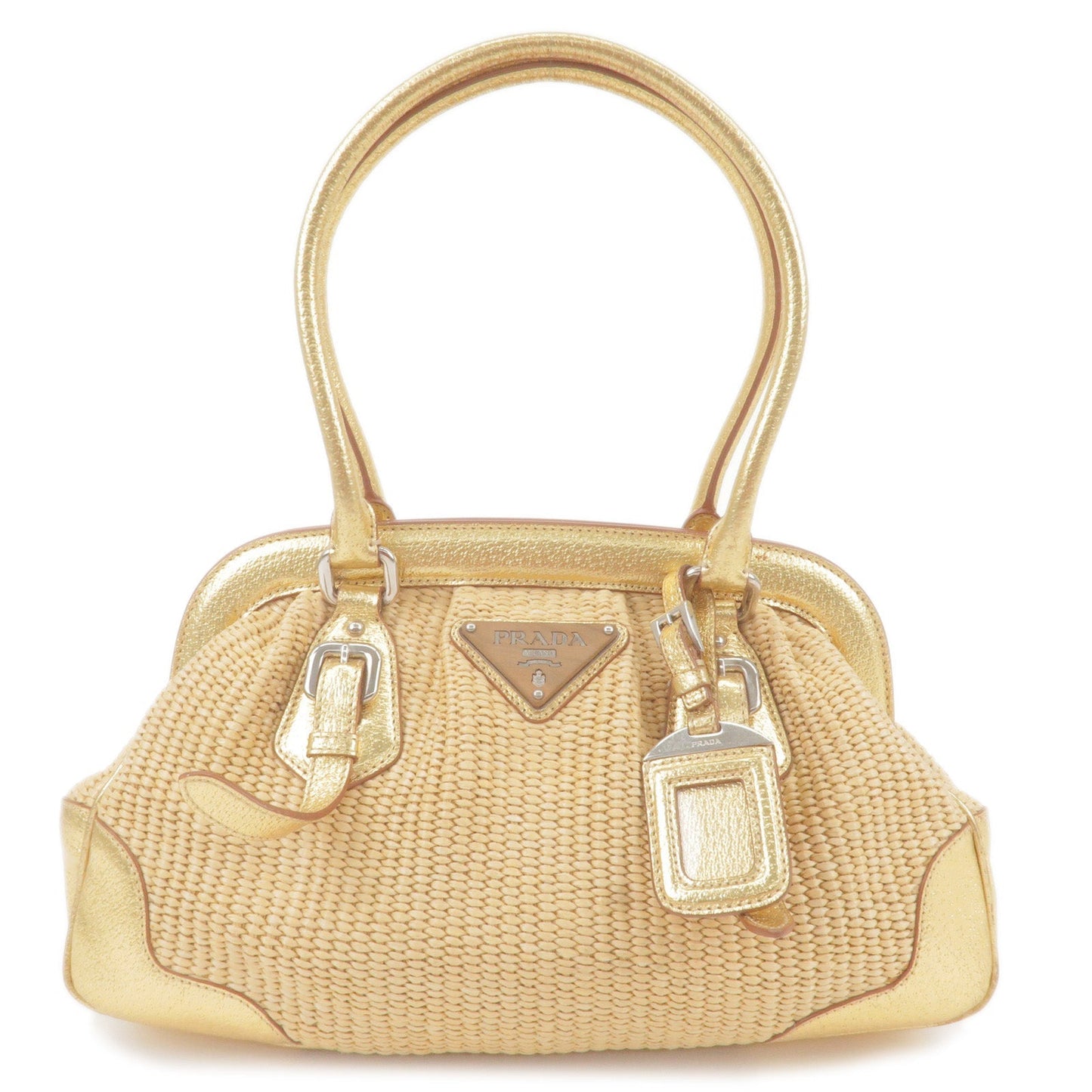 PRADA Paglia Straw Leather Shoulder Bag Metalic Gold BR3509