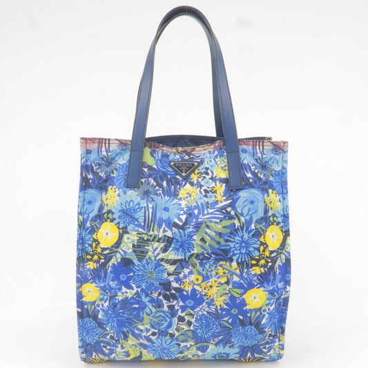 PRADA Logo Nylon Leather Tote Bag Floral Print Blue BN2851