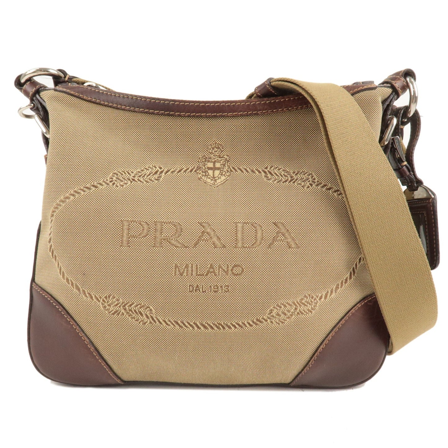 PRADA Logo Jacquard Leather Shoulder Bag Beige Brown BT0533