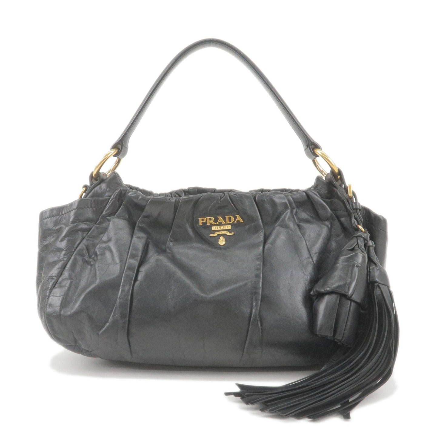 PRADA Logo Leather Shoulder Bag With Tassel Black