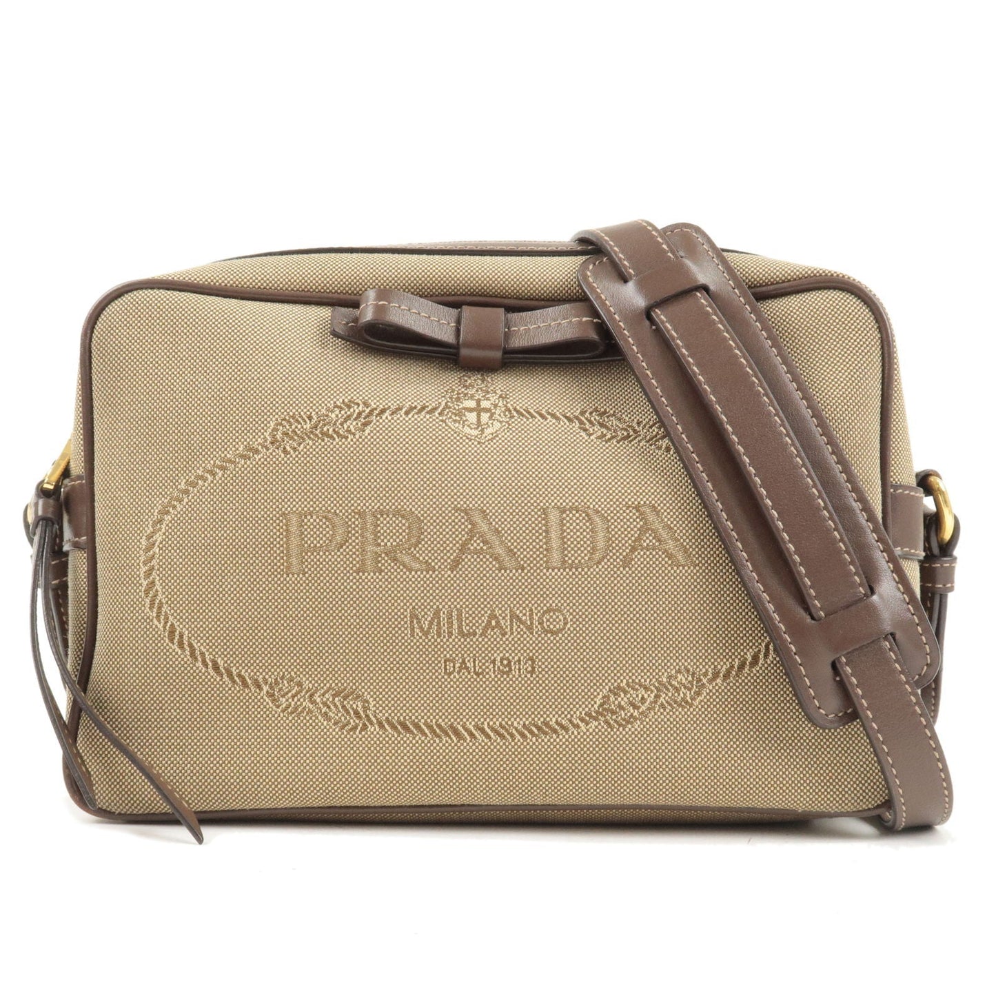 PRADA Logo Jacquard Leather Shoulder Bag Beige Brown 1BH089