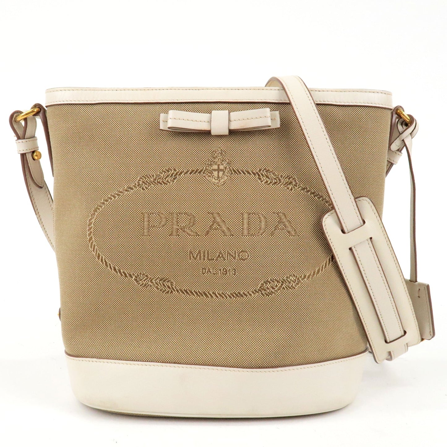 PRADA Logo Jacquard Leather Shoulder Bag Beige Ivory 1BE021