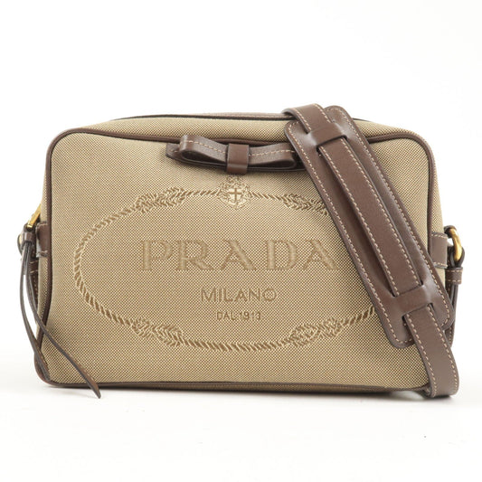 PRADA Logo Jacquard Leather Shoulder Bag Beige Brown 1BH089