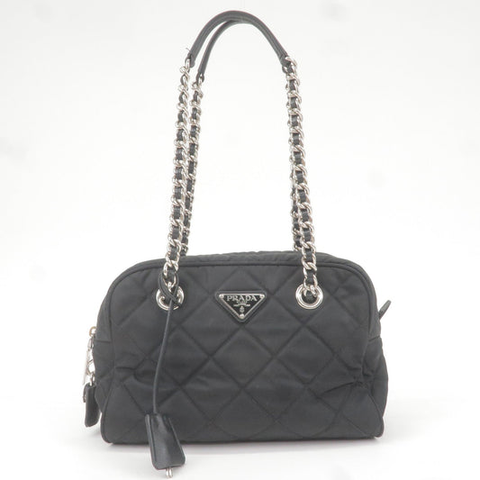 PRADA Nylon Leather Quilting Chain Shoulder Bag Black 1BB072