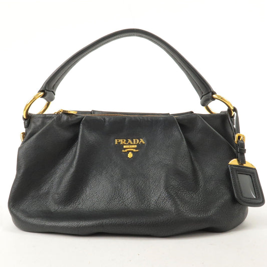 PRADA Logo Leather Shoulder Bag Black Gold Hardware