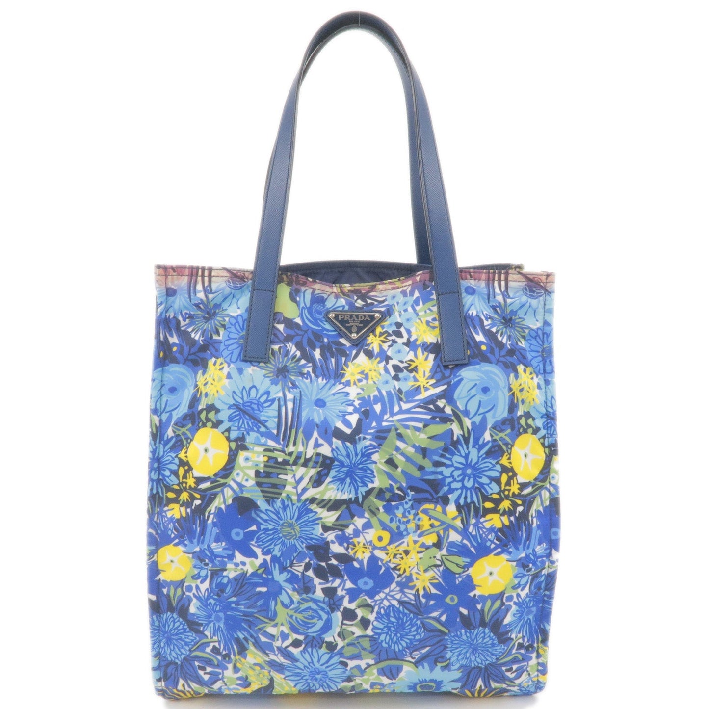 PRADA Logo Nylon Leather Tote Bag Floral Print Blue BN2851