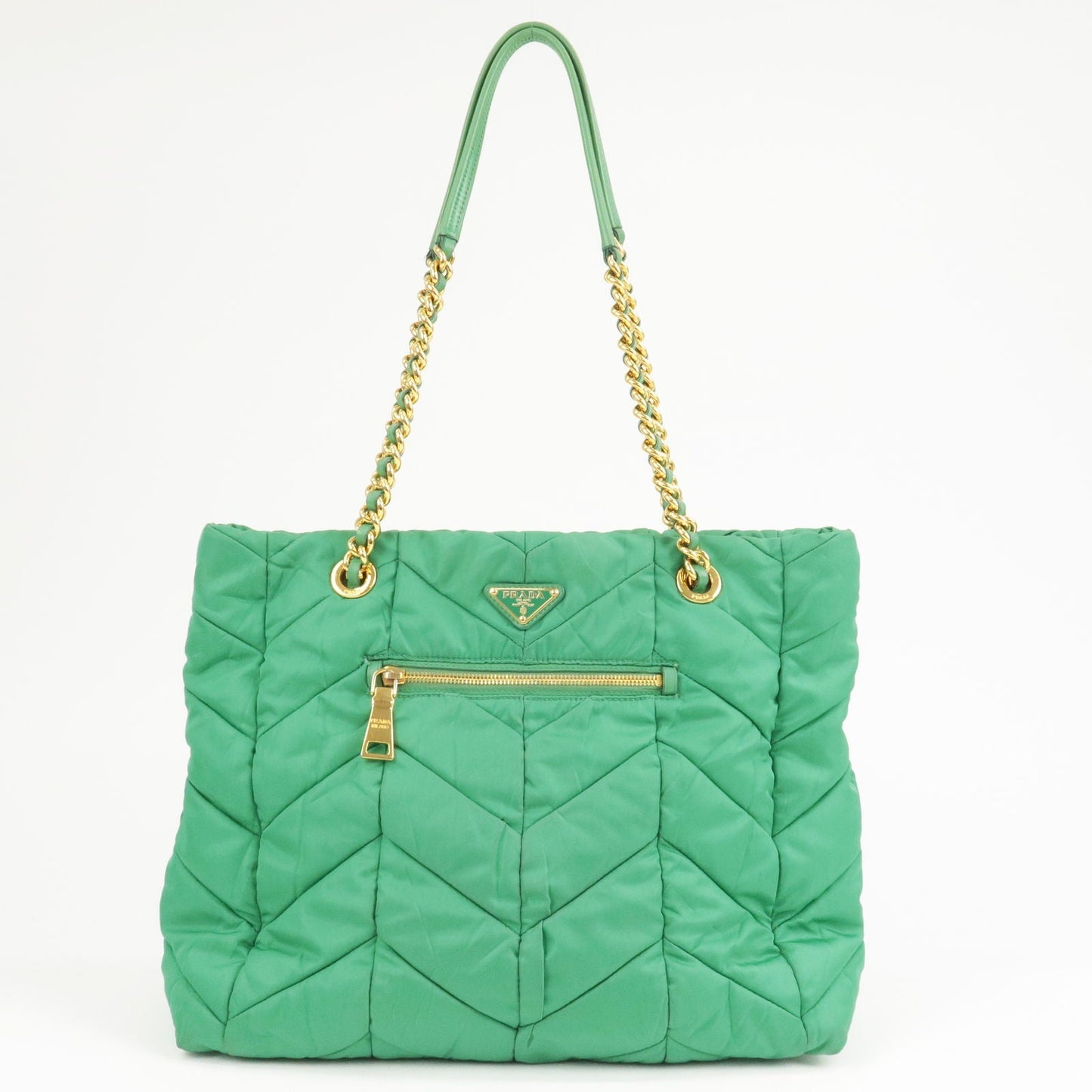 PRADA Logo Nylon Leather Chain Tote Bag Green BR4383