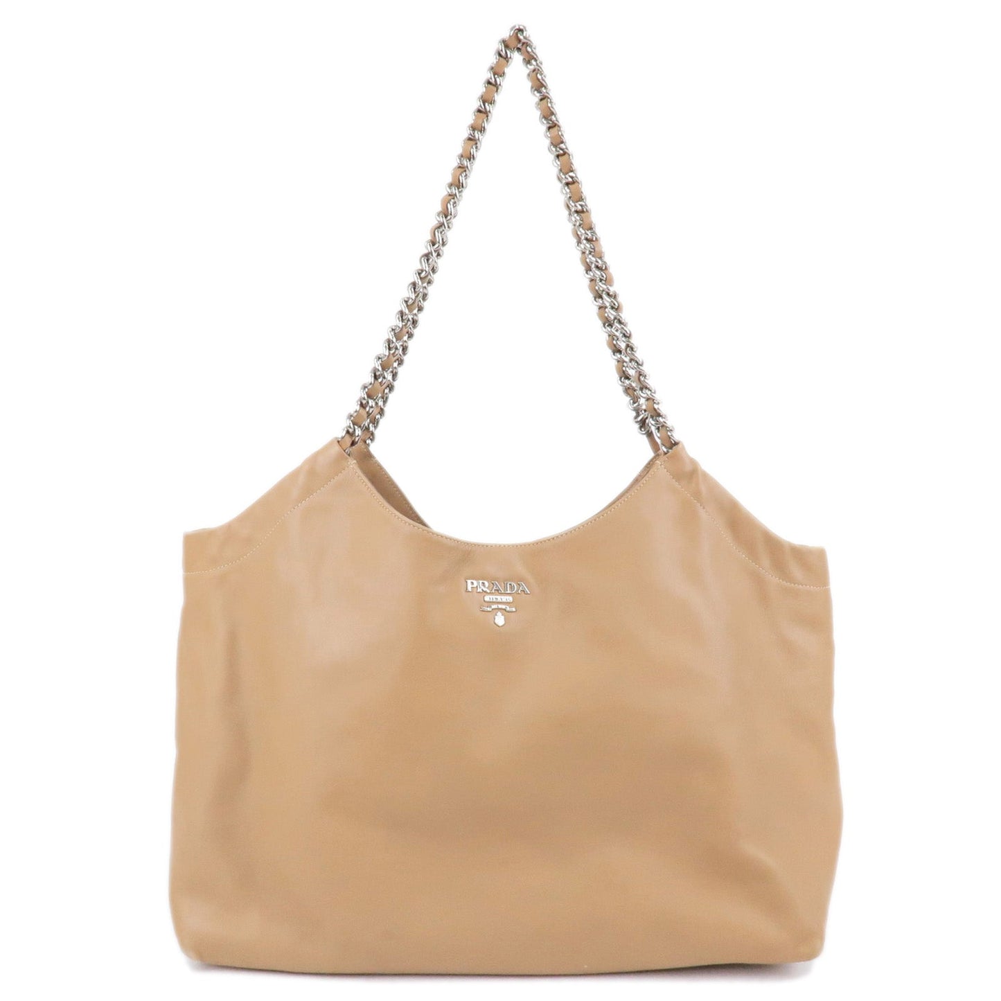 PRADA Logo Leather Chain Tote Bag Beige