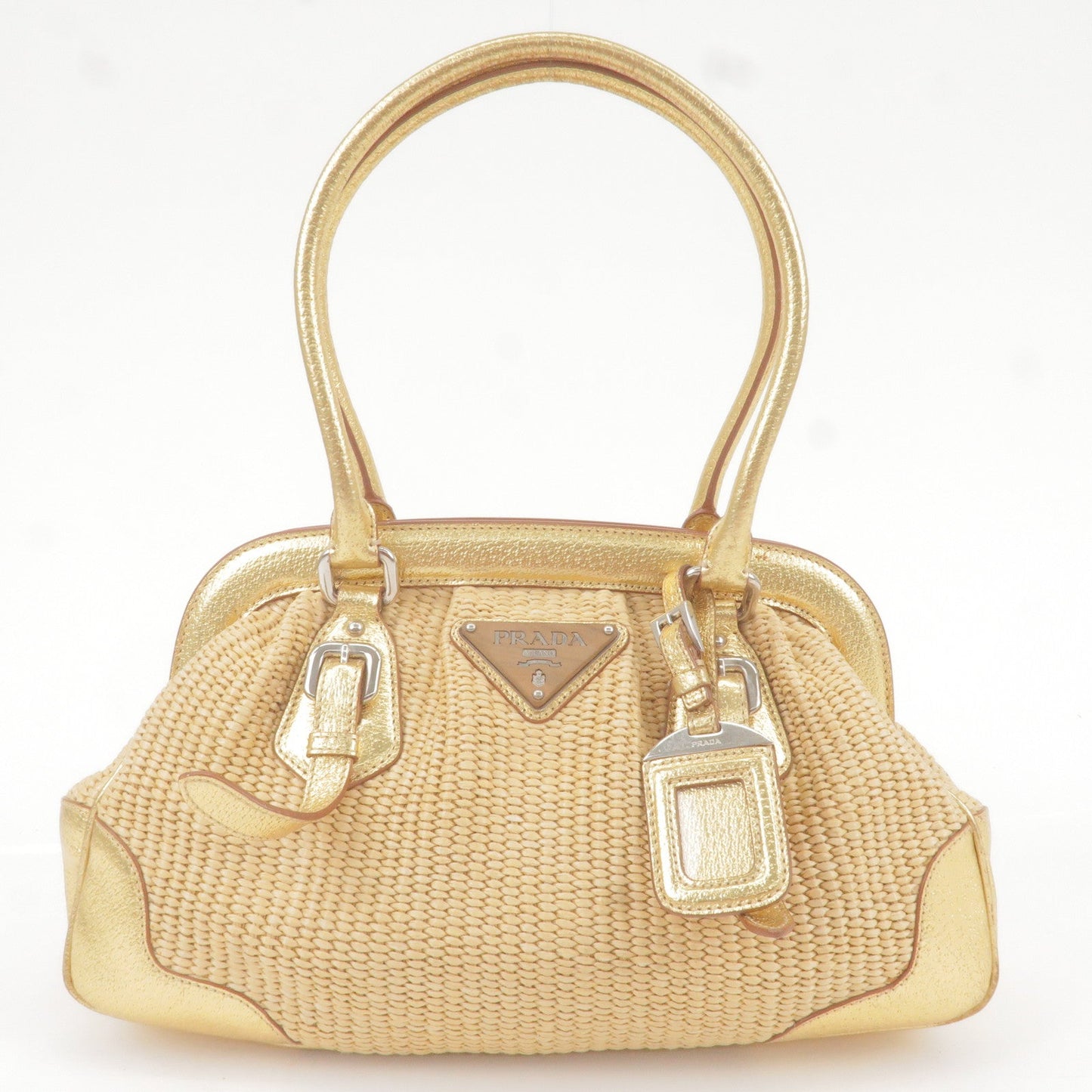 PRADA Paglia Straw Leather Shoulder Bag Metalic Gold BR3509