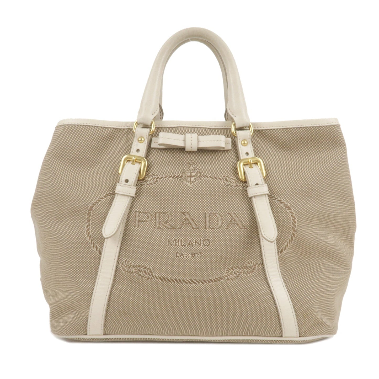 PRADA Logo Jacquard Leather 2Way Bag Hand Bag Beige BN1841