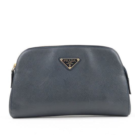 PRADA Logo Leather Clutch Bag Pouch Purse Navy