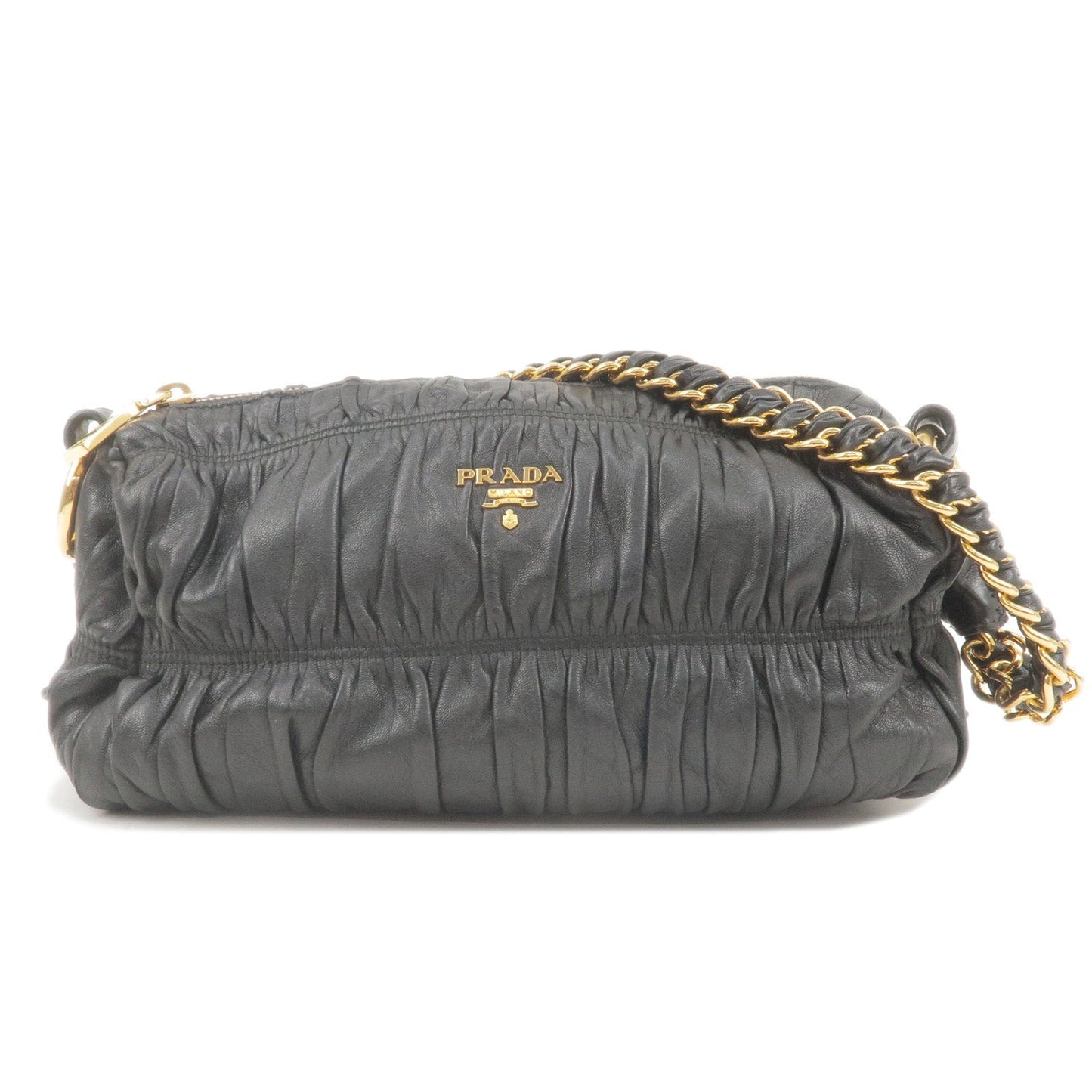 PRADA Leather Chain Gather Shoulder Bag NERO Black