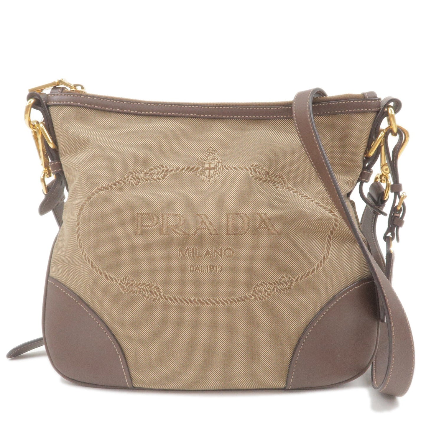 PRADA Logo Jacquard Leather Shoulder Bag Beige Brown BT867A