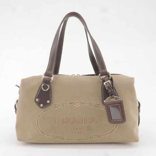 PRADA Logo Jacquard Leather Boston Bag Beige Brown BR3461