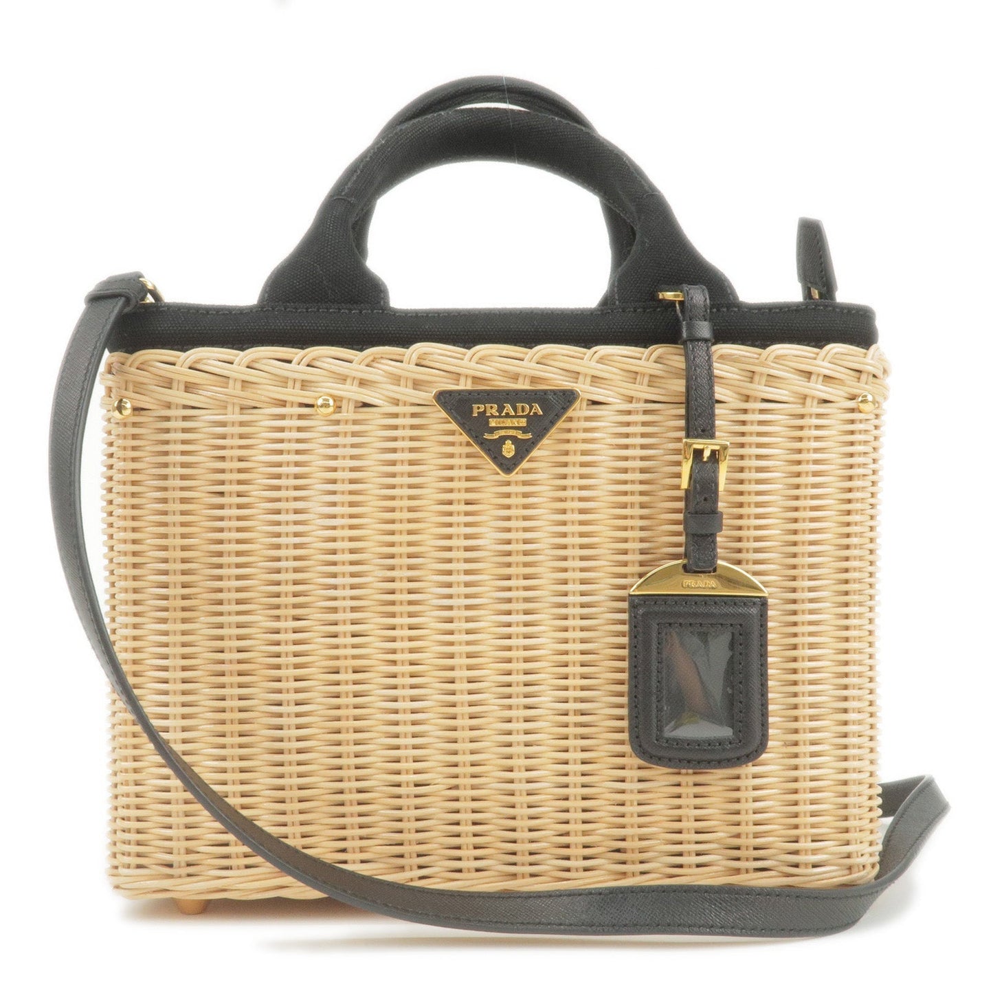 PRADA Wicker Canvas 2Way Basket Bag Hand Bag Black 1BG835