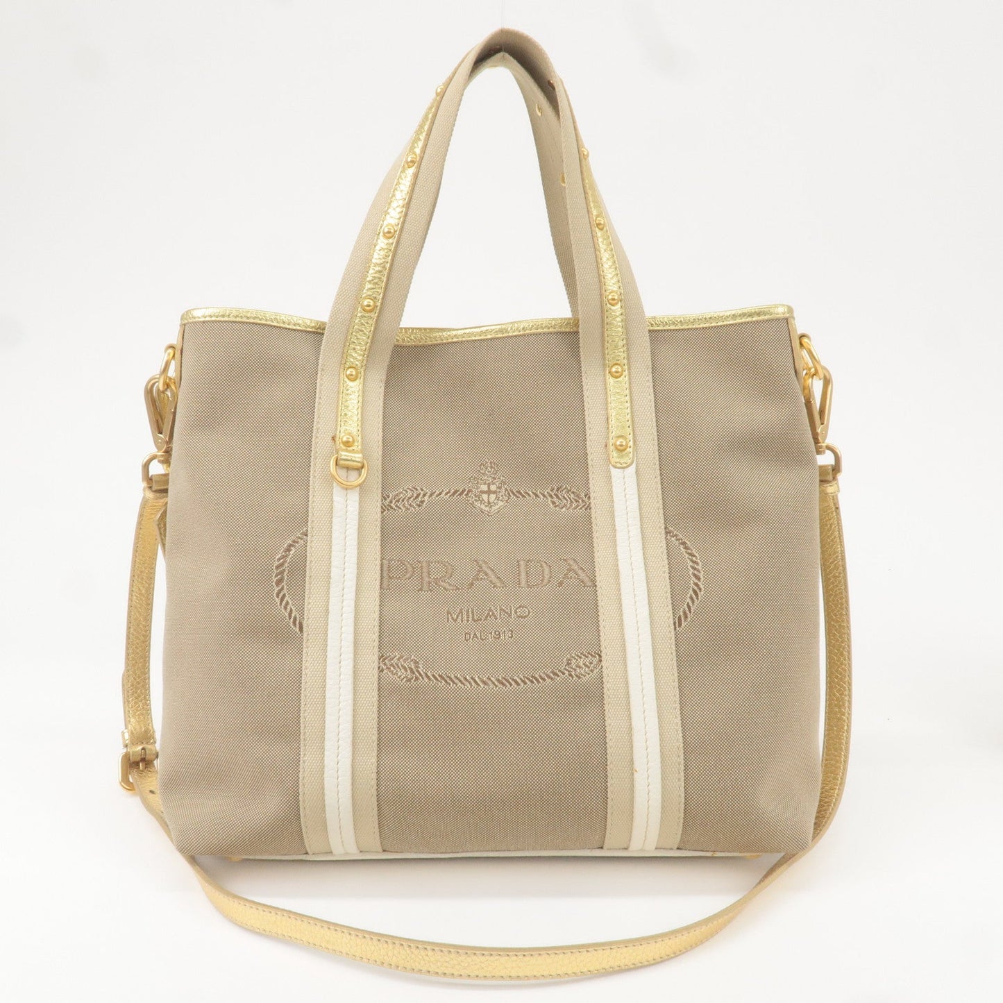 PRADA Logo Jacquard Leather 2Way Hand Bag Beige Gold BN1453