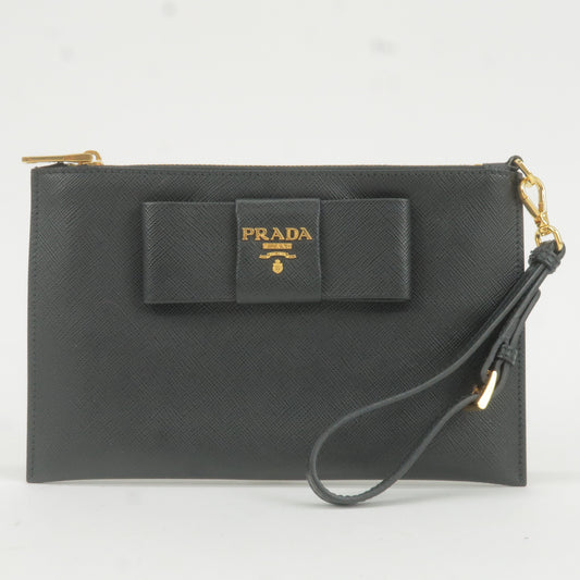 PRADA Logo Leather Ribbon Pouch Cosmetics Bag NERO Black