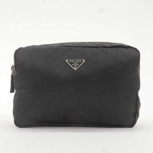 PRADA Logo Nylon Leather Pouch Cosmetic Bag NERO Black MV348