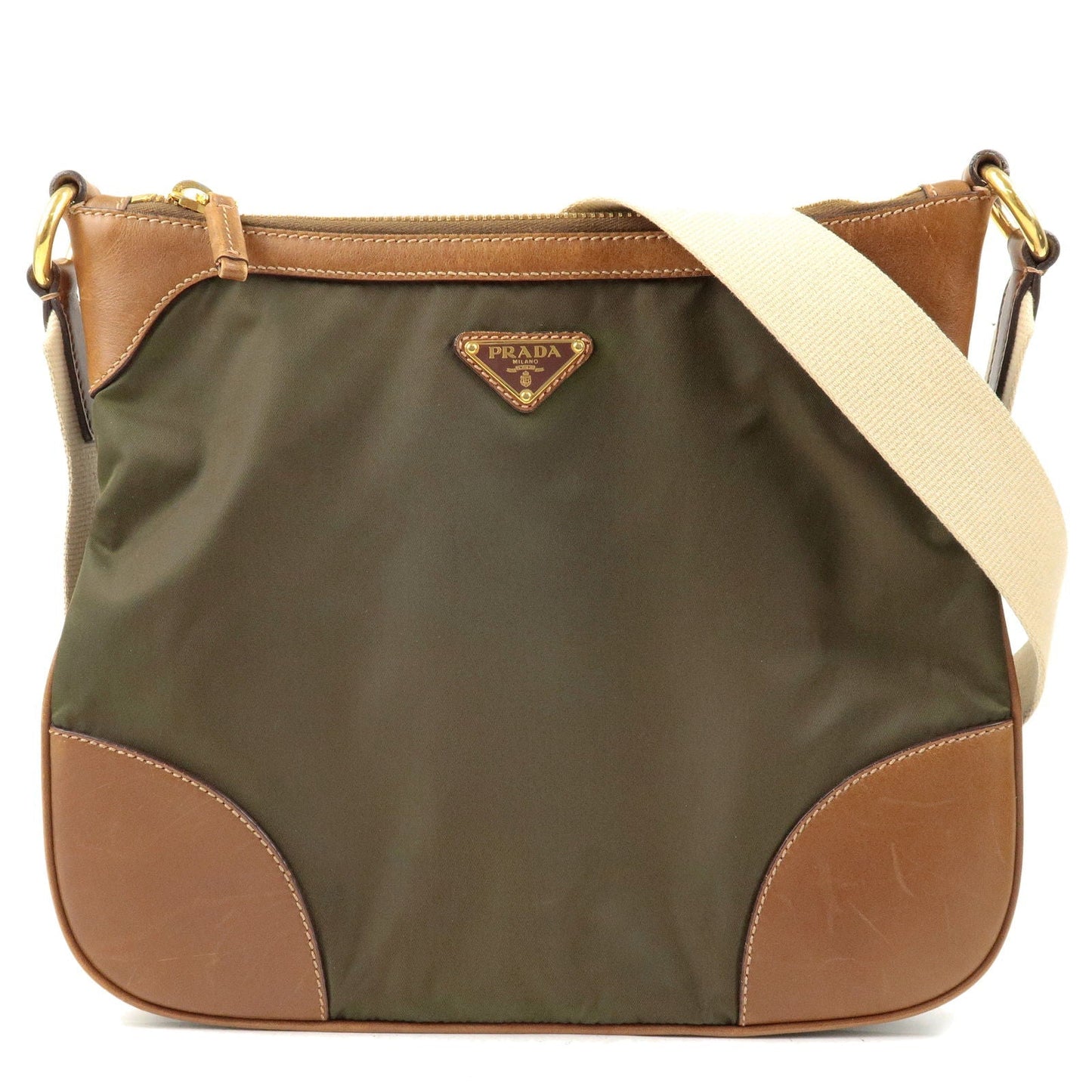 PRADA Nylon Leather Shoulder Bag Khaki Brown