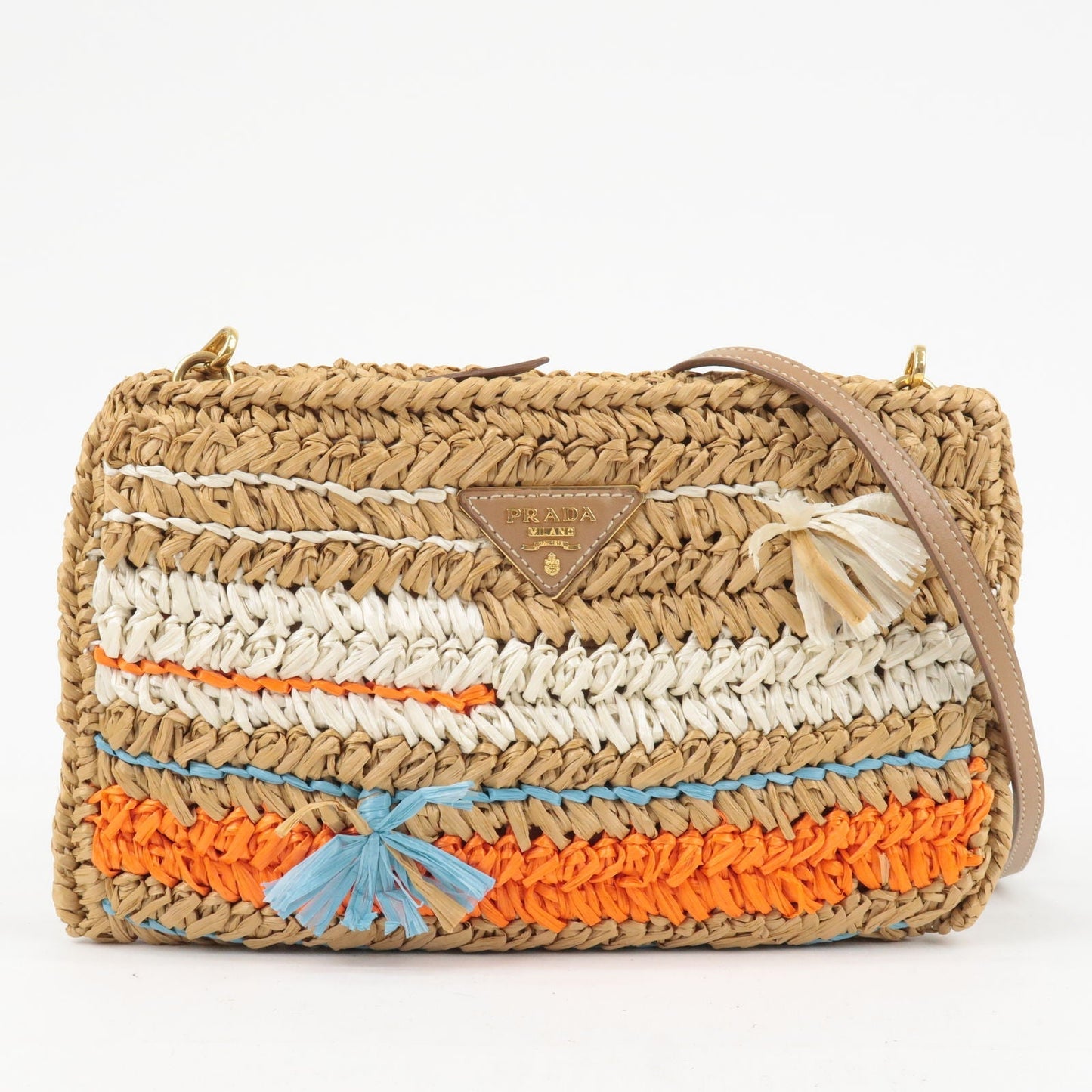 Prada Raffia Tricot Leather Shoulder Bag Beige Orange 1BF071