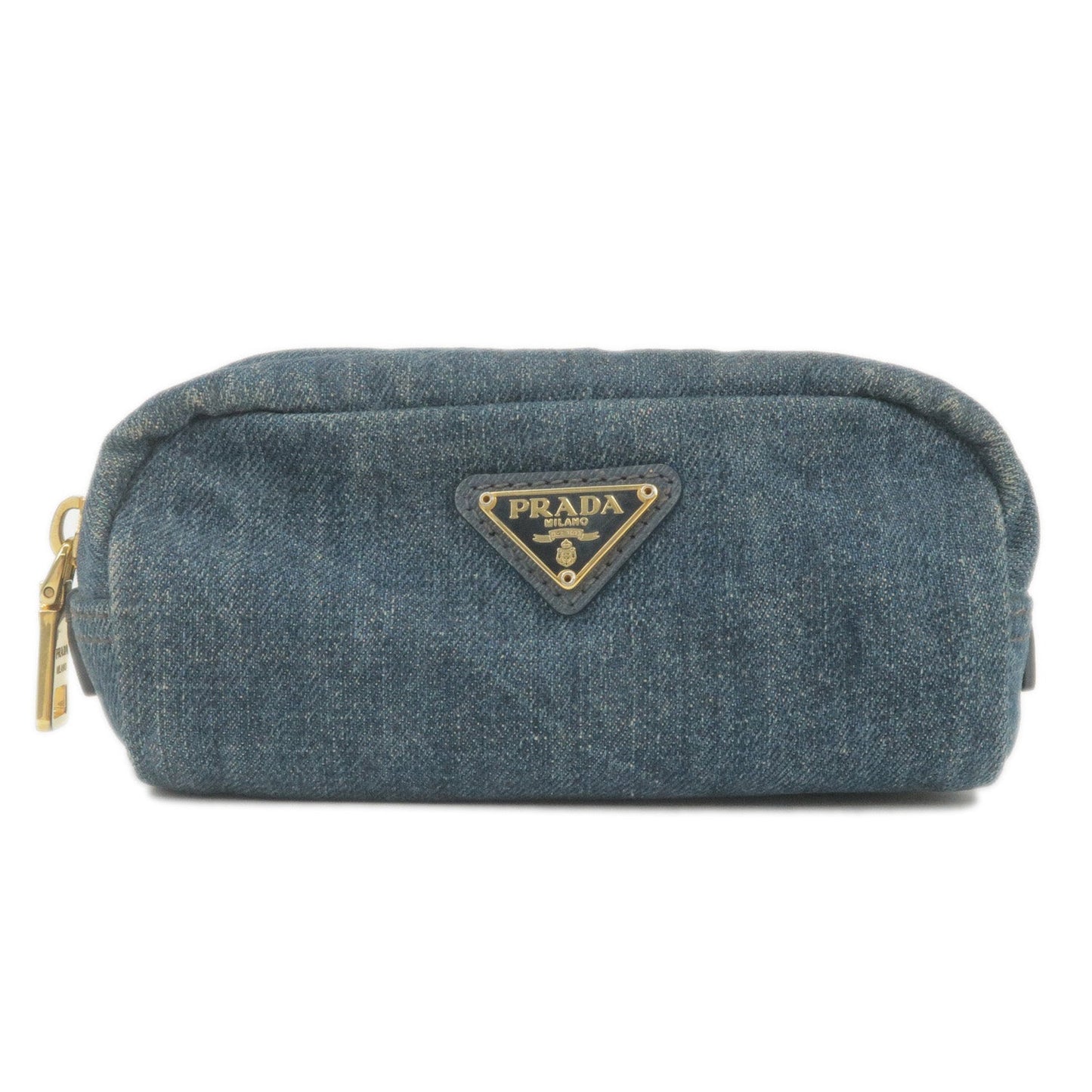 PRADA Logo Denim Cosmetic Pouch Clutch Bag Navy Gold Metal