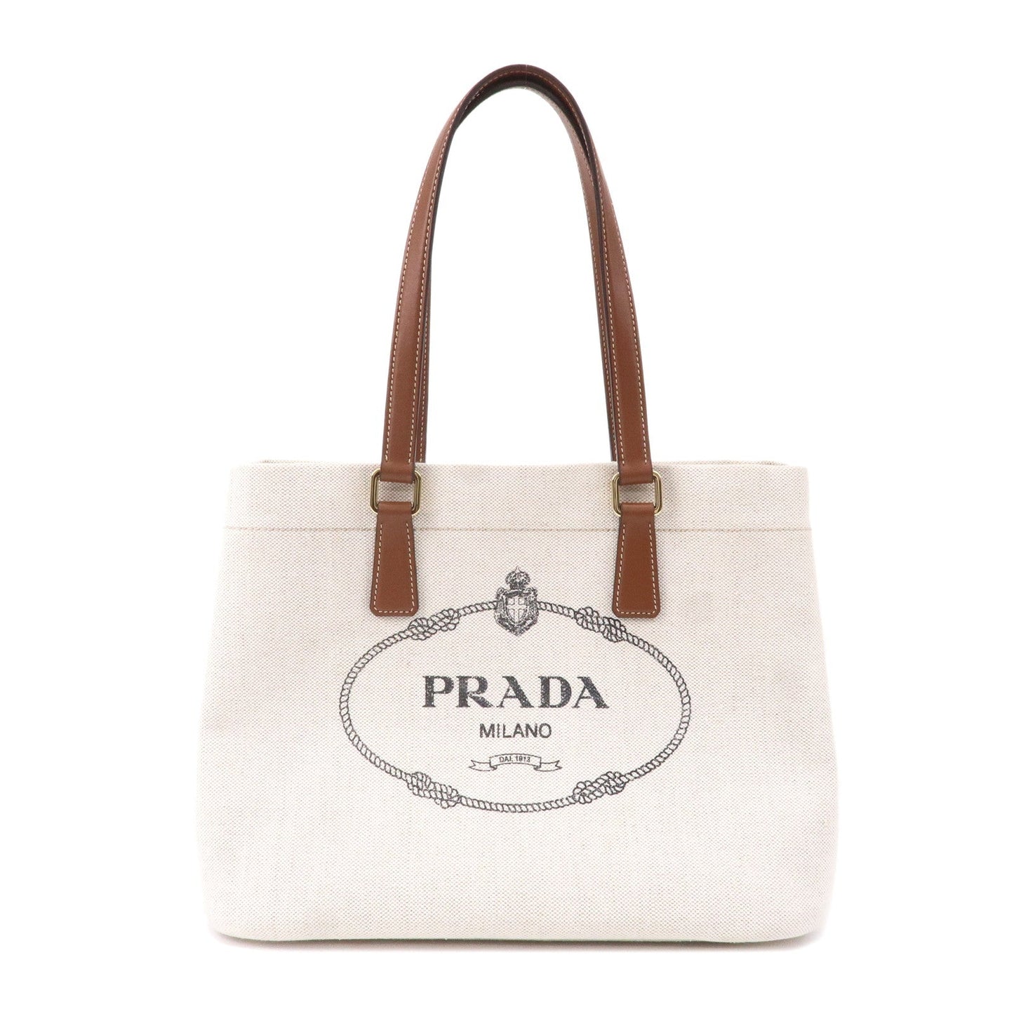 PRADA Logo Canvas Linen Leather Tote Bag Ivory Brown IBG356