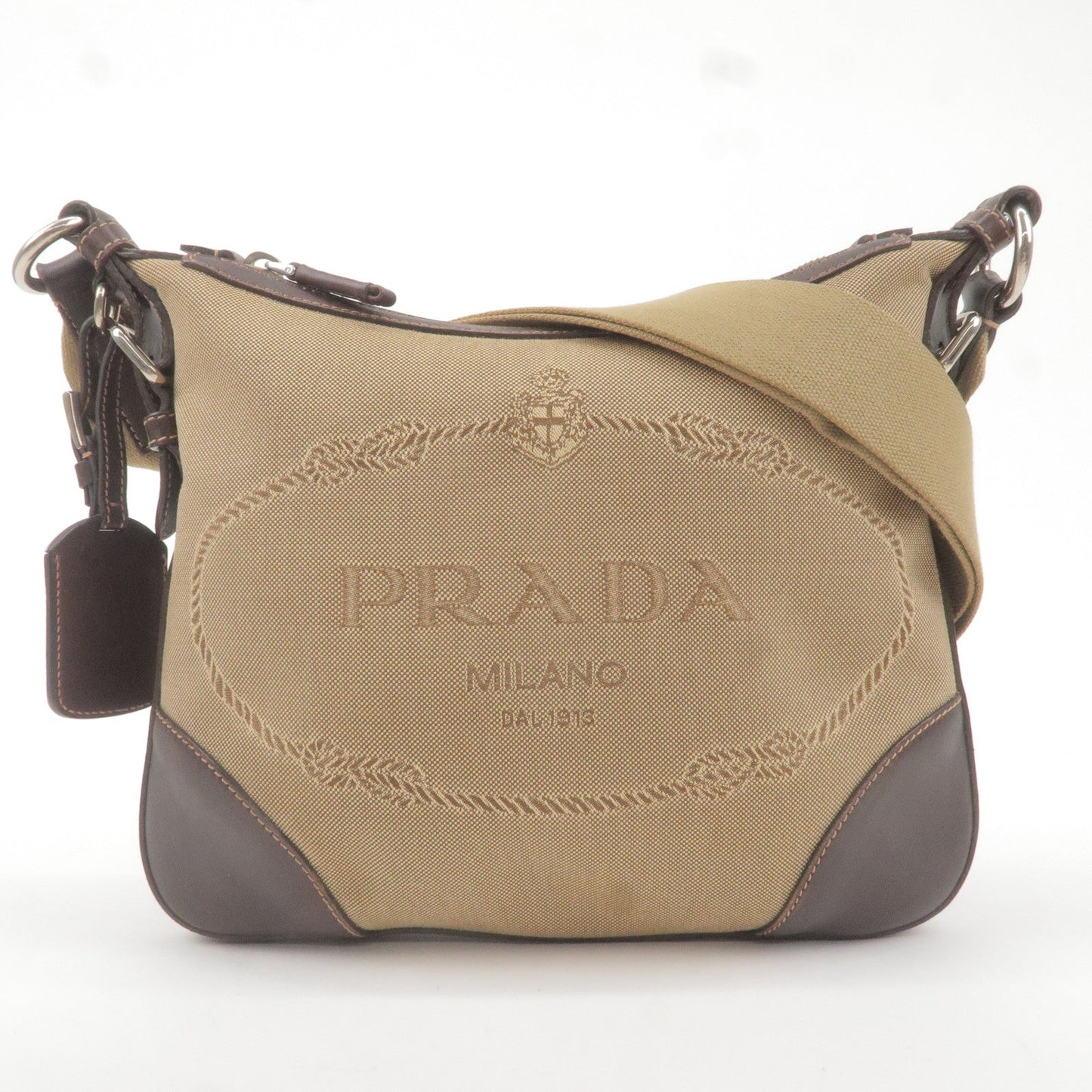 PRADA Logo Jacquard Leather Shoulder Bag Beige Brown BT0534