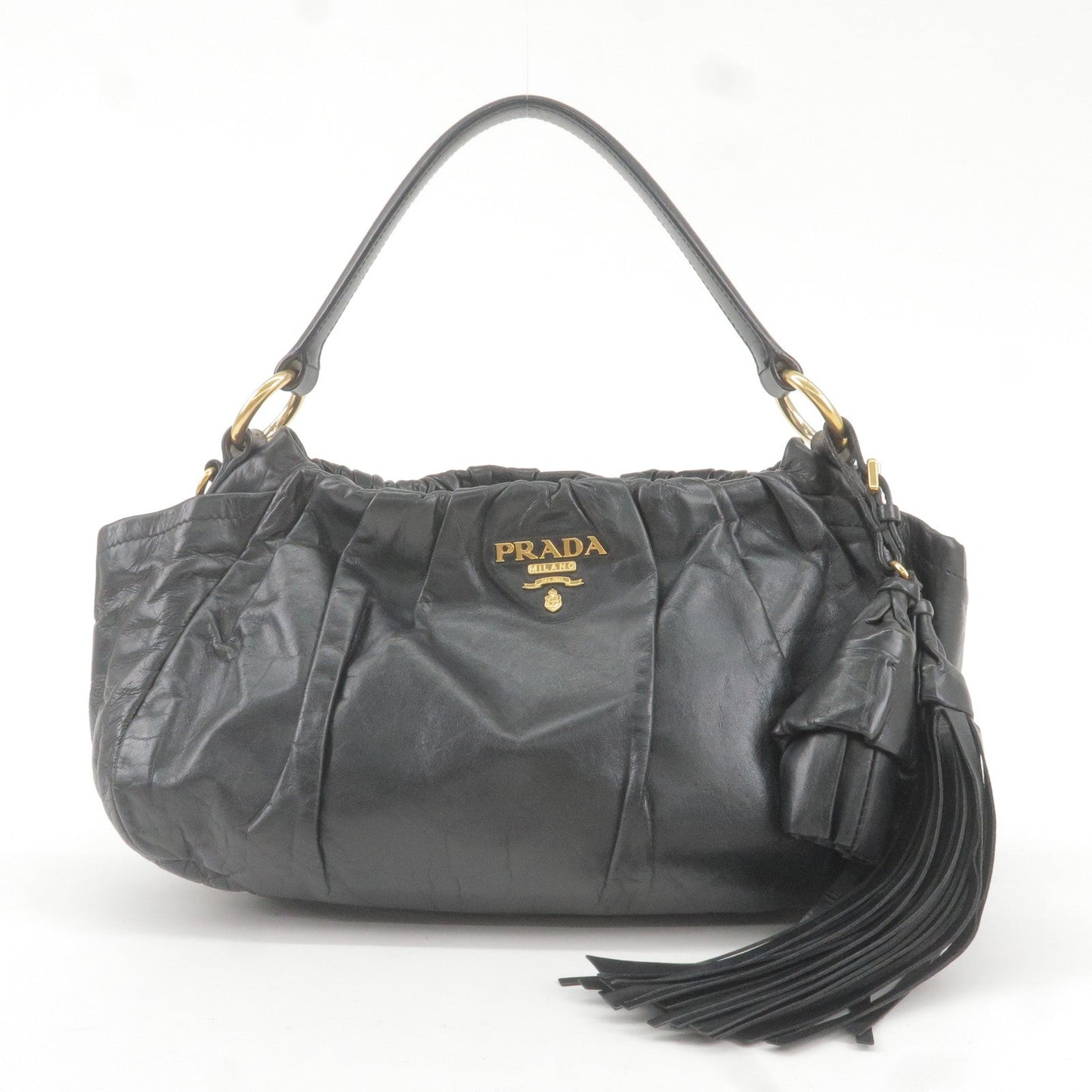 PRADA Logo Leather Shoulder Bag With Tassel Black