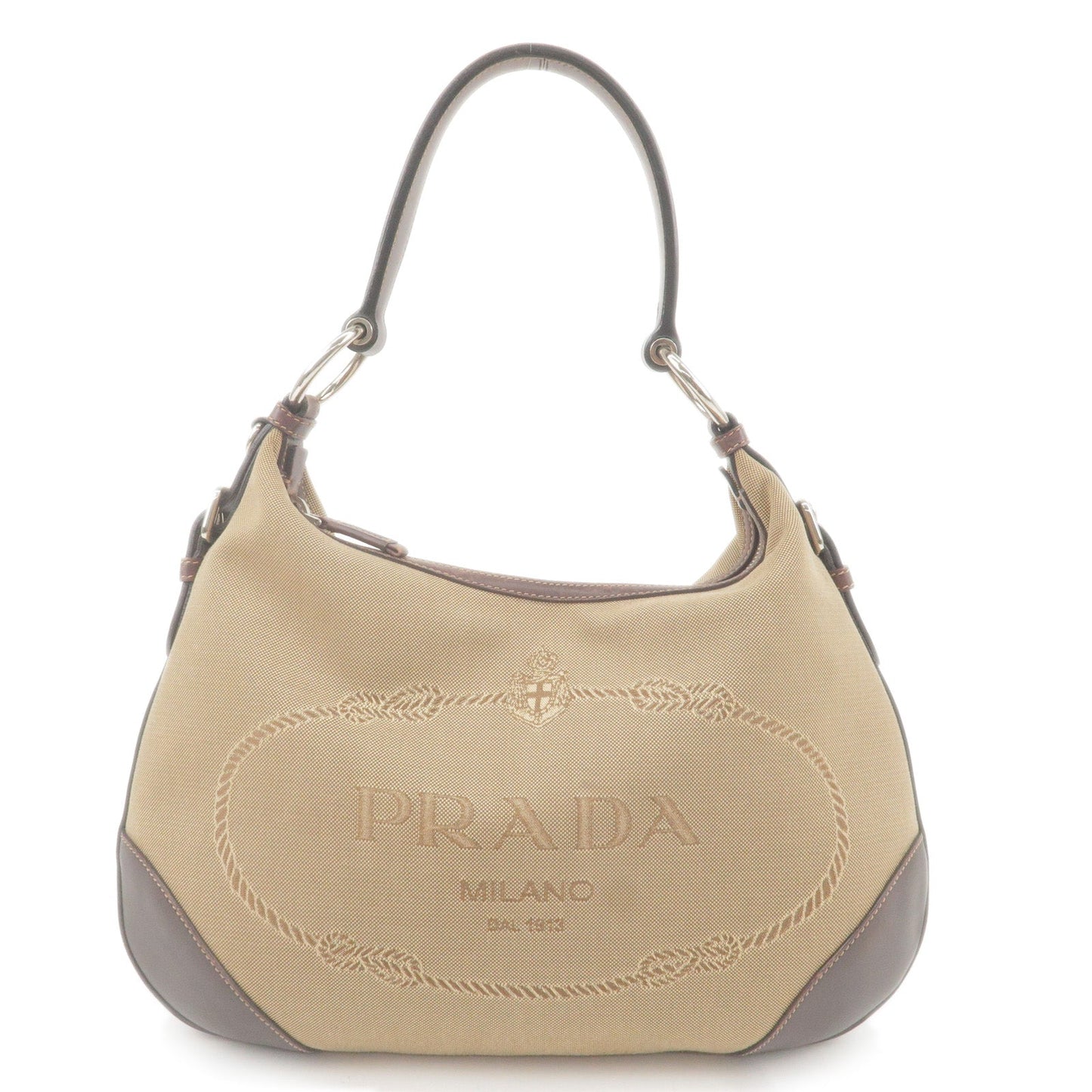 PRADA Logo Jacquard Leather Shoulder Bag Beige Brown