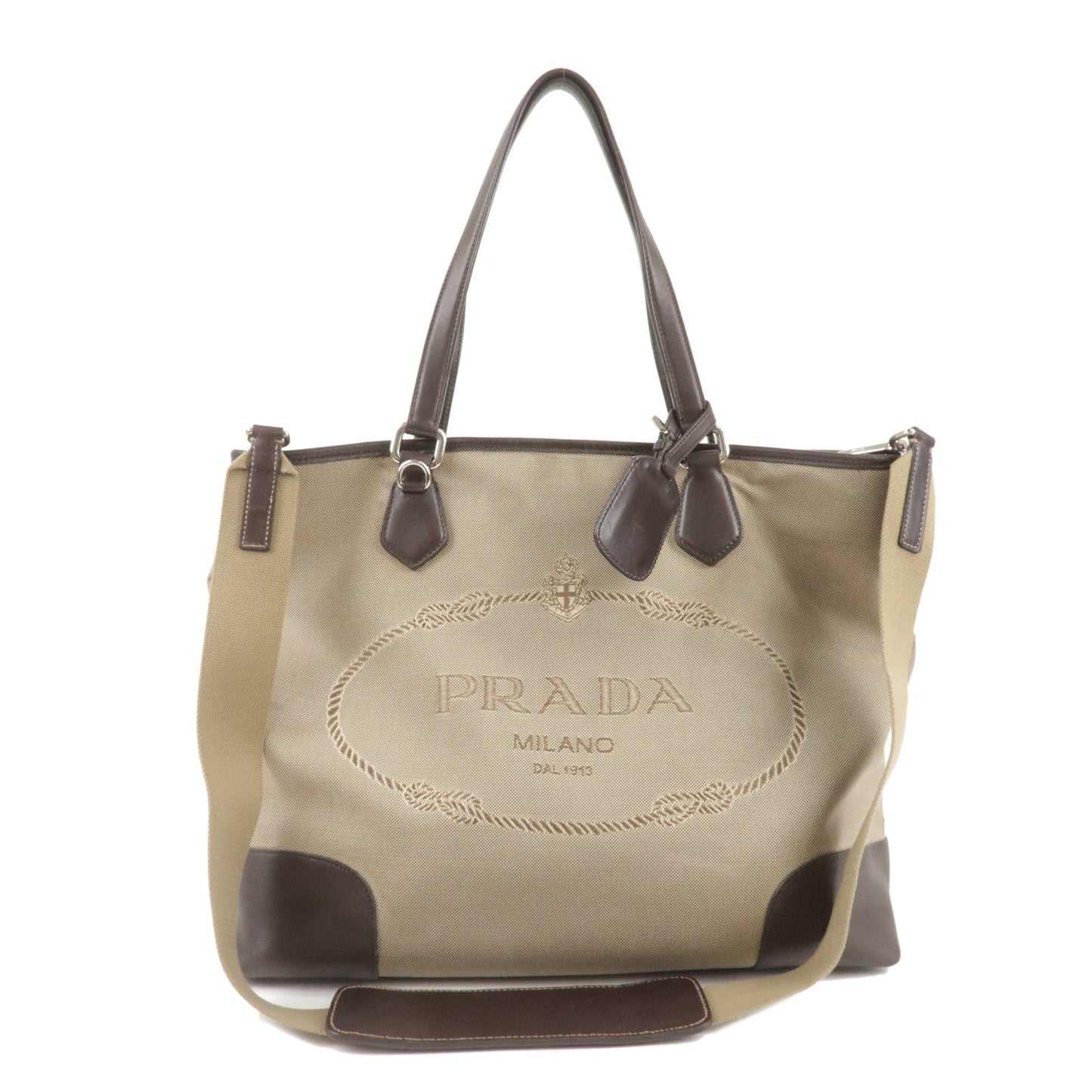 PRADA Logo Jacquard Leather 2Way Bag Tote Bag Beige BR3413