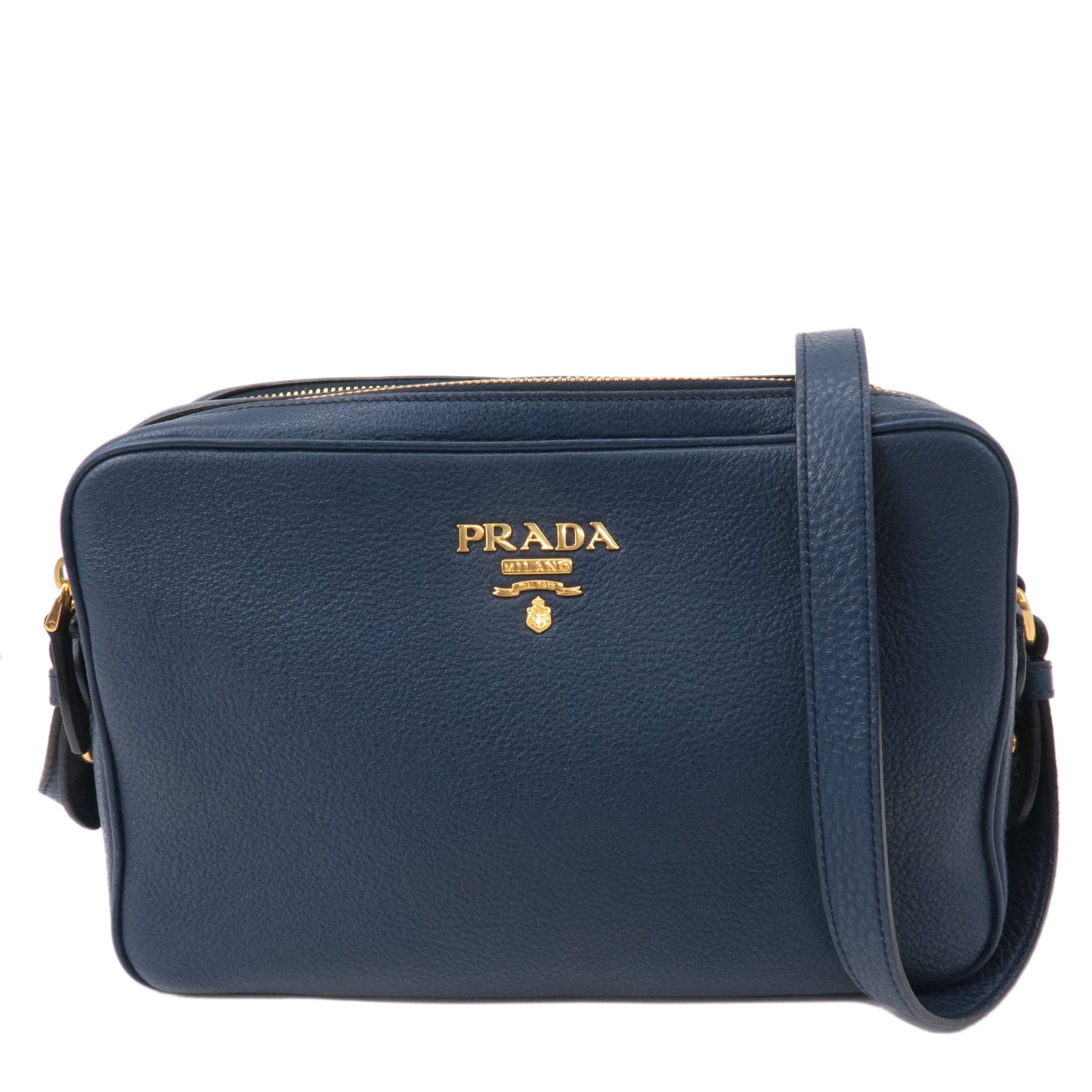 PRADA Logo Vitello Daino Leather Shoulder Bag Navy 1BH082