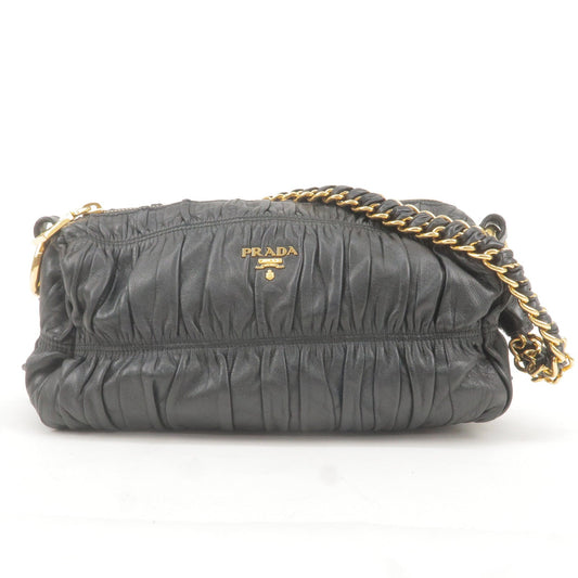 PRADA Leather Chain Gather Shoulder Bag NERO Black