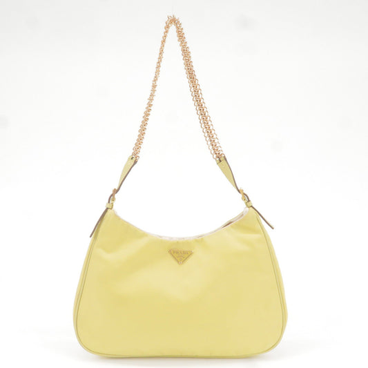 PRADA Logo Nylon Leather Chain Shoulder Bag Yellow BR0104