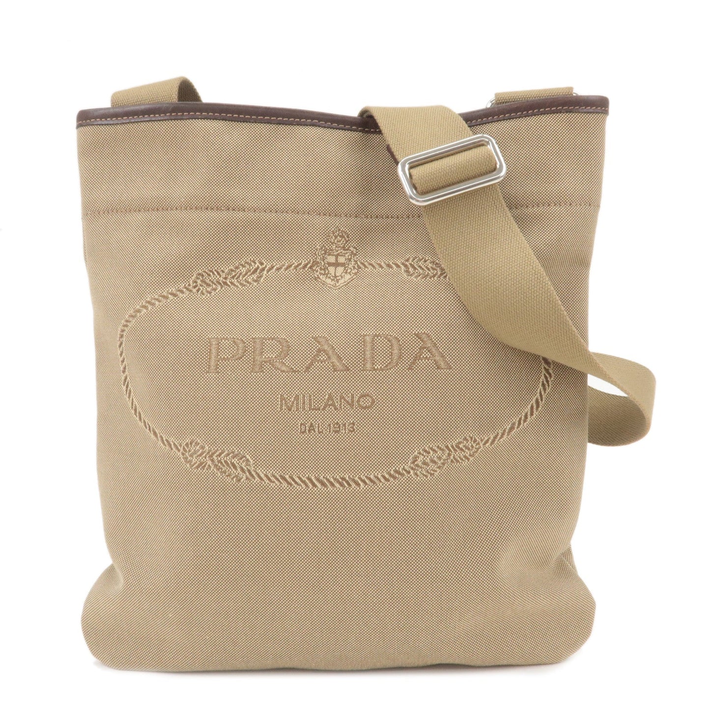 PRADA Logo Jacquard Leather Shoulder Bag Beige Brown VA0655