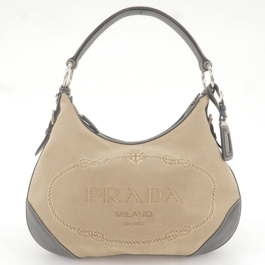 PRADA Logo Jacquard Leather Shoulder Bag Beige Black BR3430