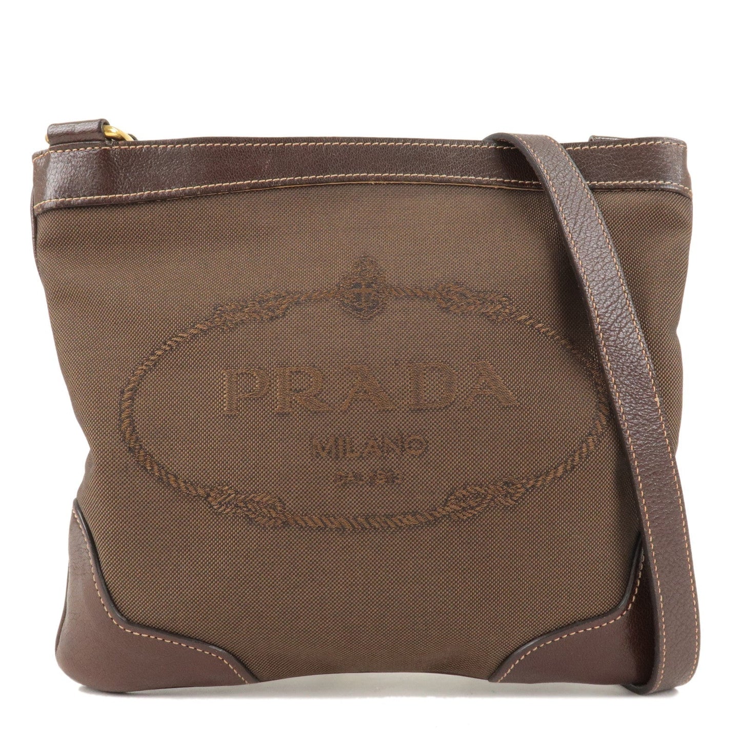 PRADA Logo Jacquard Canvas Leather Shoulder Bag Brown