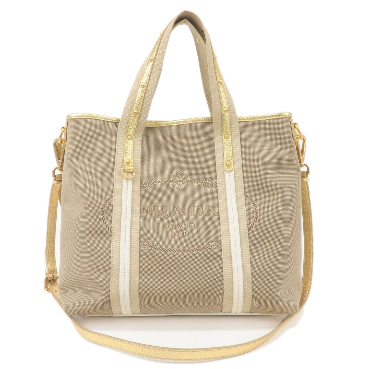 PRADA Logo Jacquard Leather 2Way Hand Bag Beige Gold BN1453