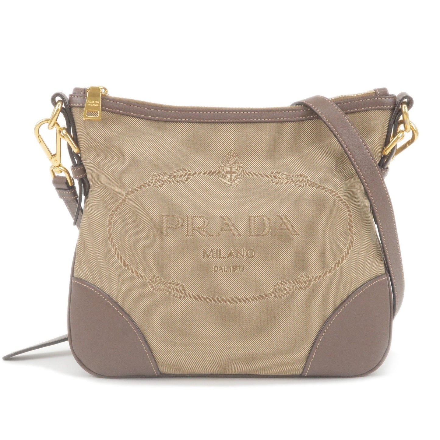 PRADA Logo Jacquard Leather Shoulder Bag Beige Brown BT867A