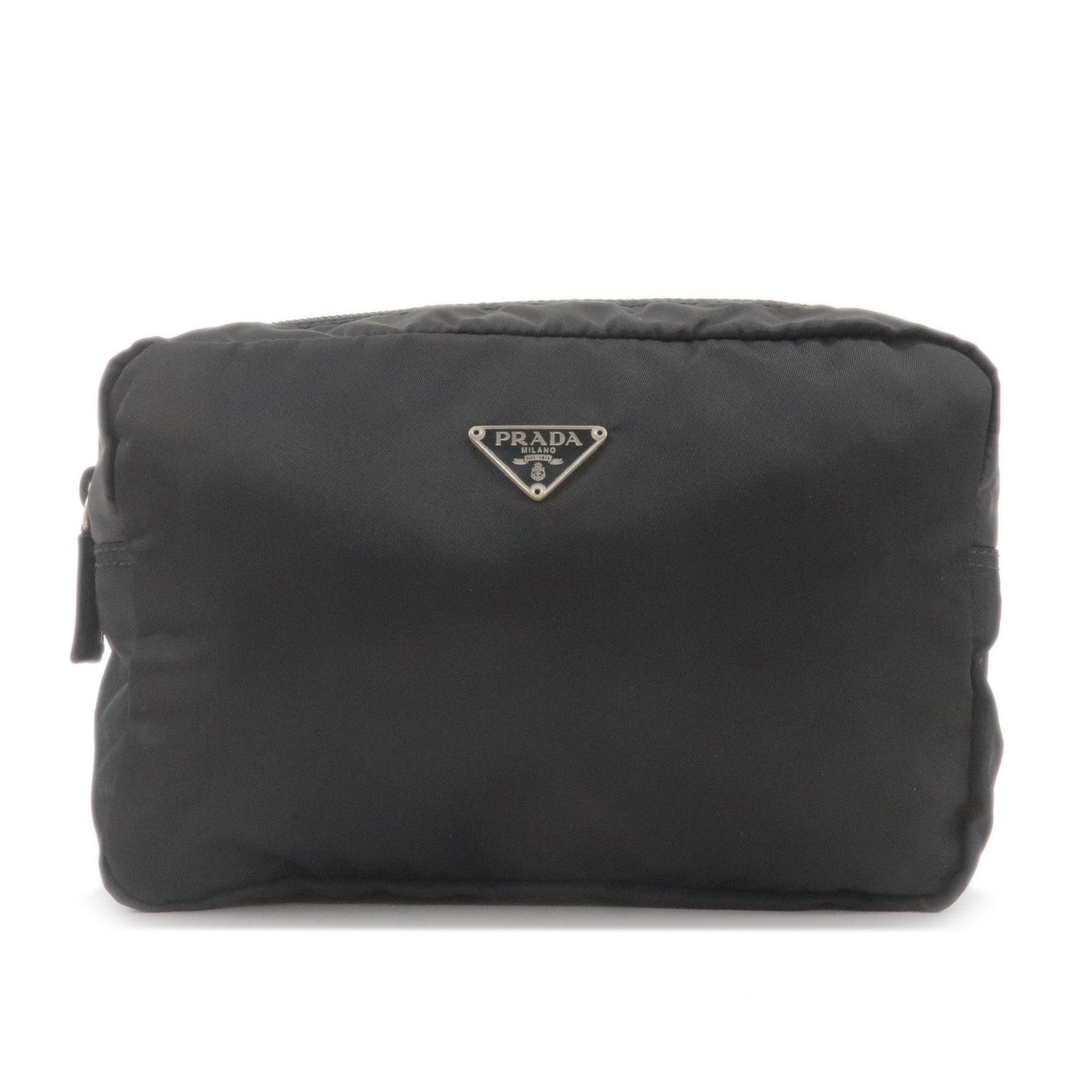 PRADA Logo Nylon Leather Pouch Cosmetic Bag NERO Black MV348