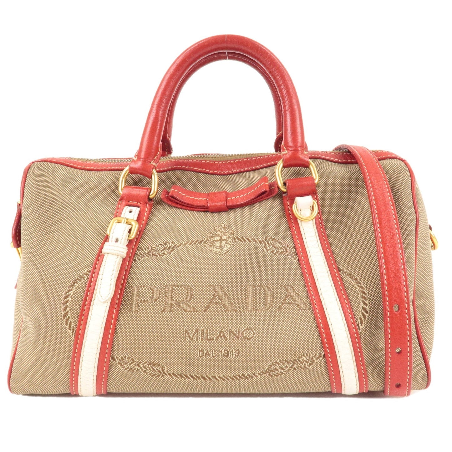 PRADA Logo Jacquard Canvas Leather 2Way Shoulder Bag Beige Red