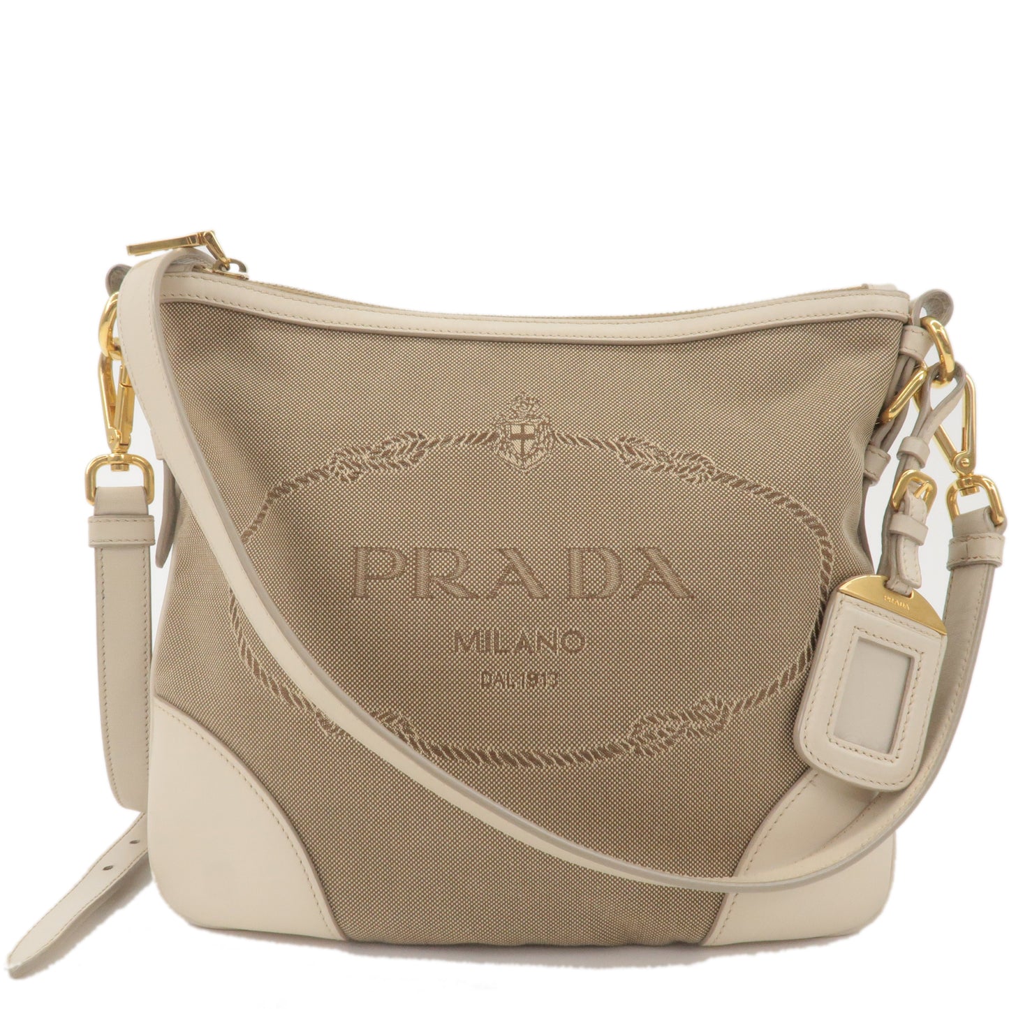 PRADA Logo Jacquard Canvas Leather Shoulder Bag Beige Ivory