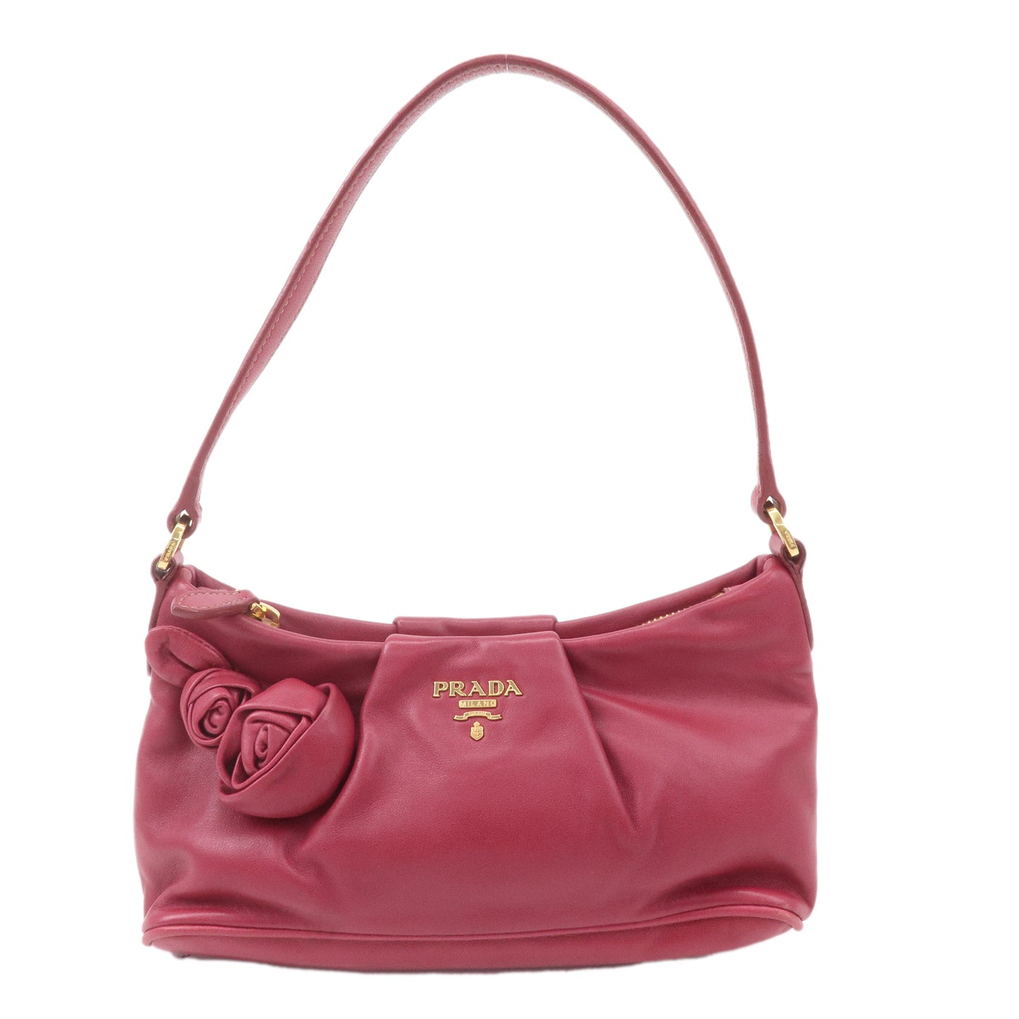 PRADA Leather Rose Corsage Hand Bag Pouch Pink 1N1439